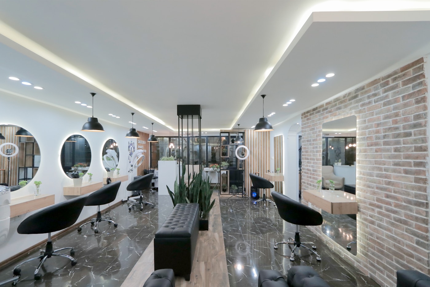 Modern salon interior with styling chairs and mirrors